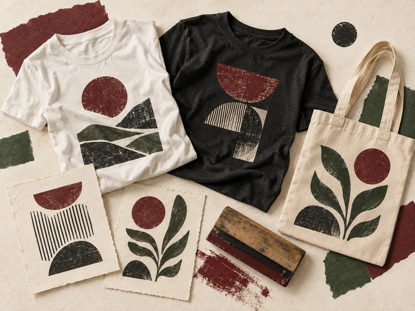 Arte ilustrada com camisetas, ecobag e esboços de estampas em uma composição de criação.